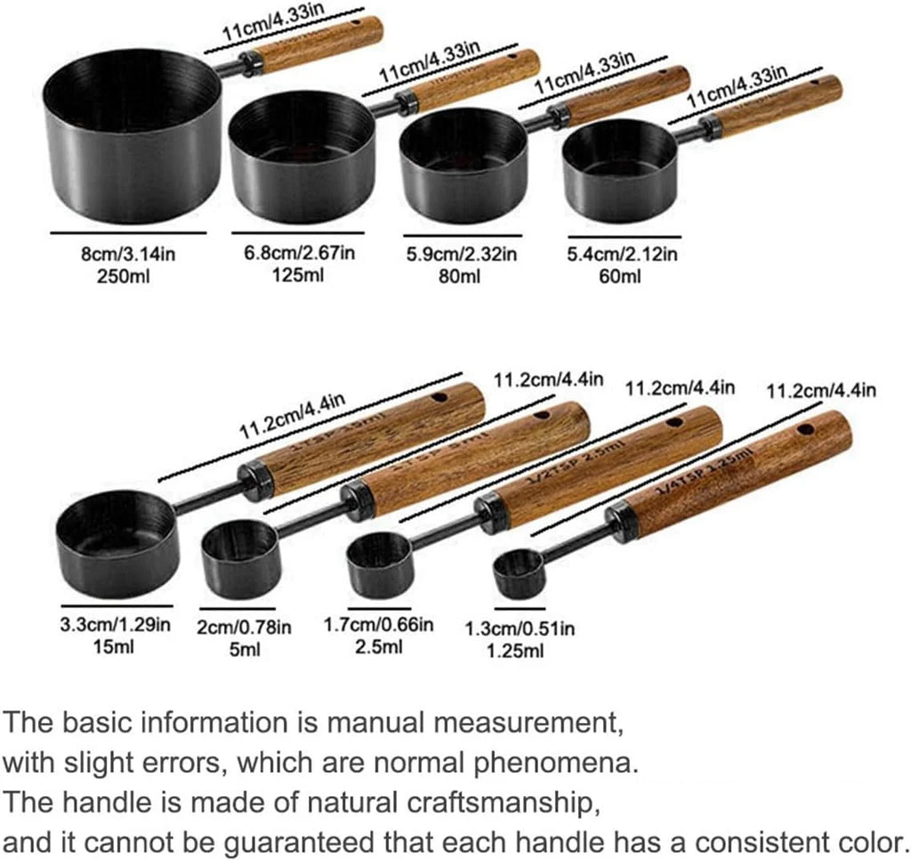 8 pieces Black Measuring Cups Set and Measuring Spoons Set with Scale Wooden Handle Stainless Steel Dry &amp; Liquid Measuring Cup for Cooking Baking