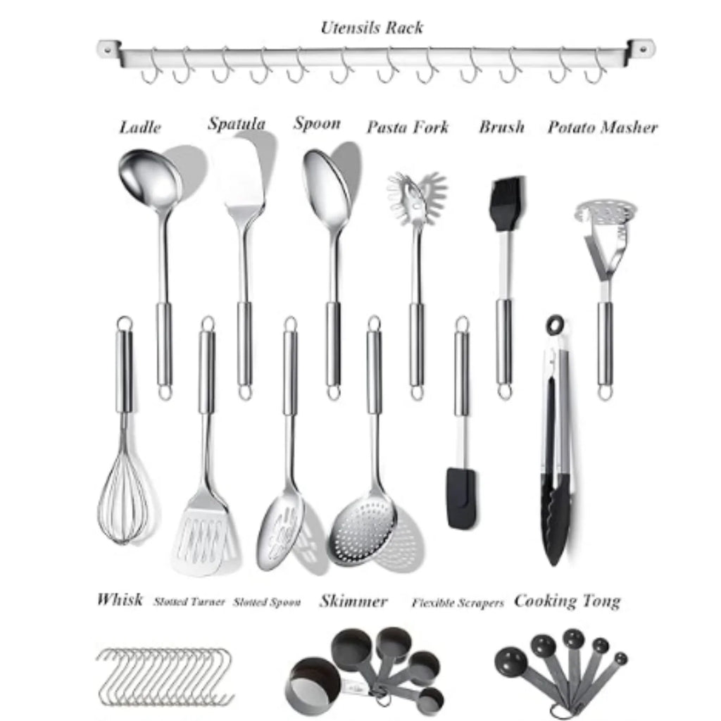 Kitchen Utensils Set 38 Pieces Stainless Steel Cooking Utensils Set Kitchen Gadgets Cookware Kitchen Tool Set with Utensil Holder Rack And Hooks For Hanging Dishwasher Safe