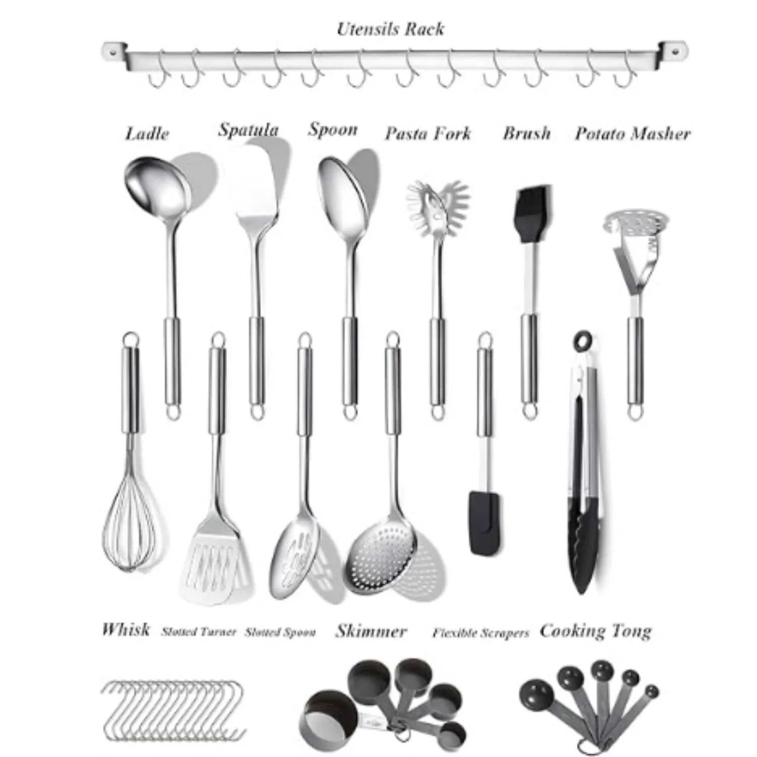 Kitchen Utensils Set 38 Pieces Stainless Steel Cooking Utensils Set Kitchen Gadgets Cookware Kitchen Tool Set with Utensil Holder Rack And Hooks For Hanging Dishwasher Safe