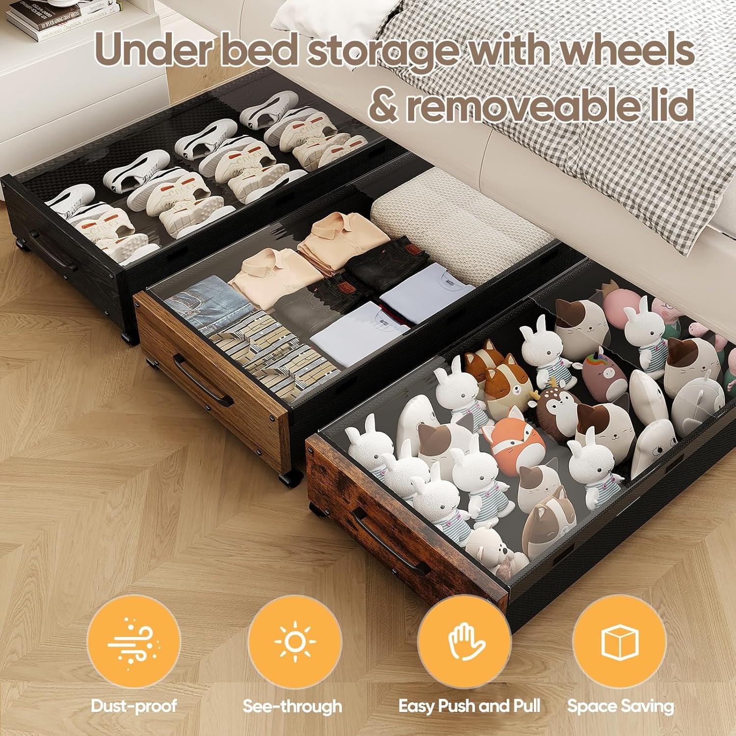 Wooden Under Bed Storage with Wheels Rolling Under the Bed Storage Bins with Removable Lid Metal Under Bed Drawers for Clothes and Shoes in Bedroom or Living Room(Black Wood-2pack)
