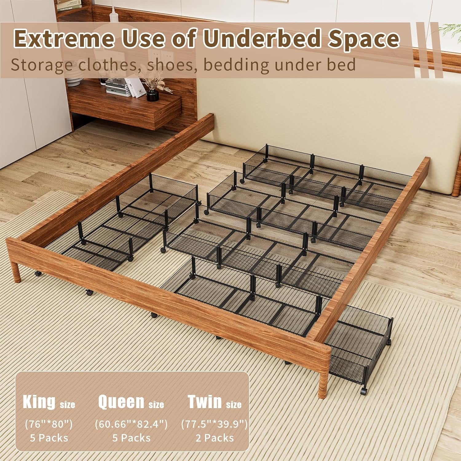 47.2'' Long Under Bed Storage on Wheels 57.6L Large Capacity Rolling Under the Bed Storage Containers Tool-Free Assembly Foldable Underbed Shoes Clothes Toy Drawers