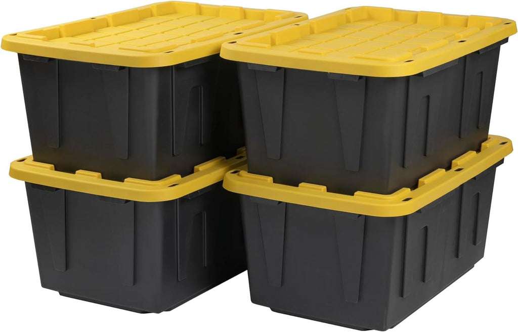 BLACK &amp; YELLOW 27-Gallon Heavy Duty Tough Storage Container &amp; Snap-Tight Lid (14.3"H x 20.6"W x 30.6"D) Weather-Resistant Design and Stackable Organization Tote [4 Pack]