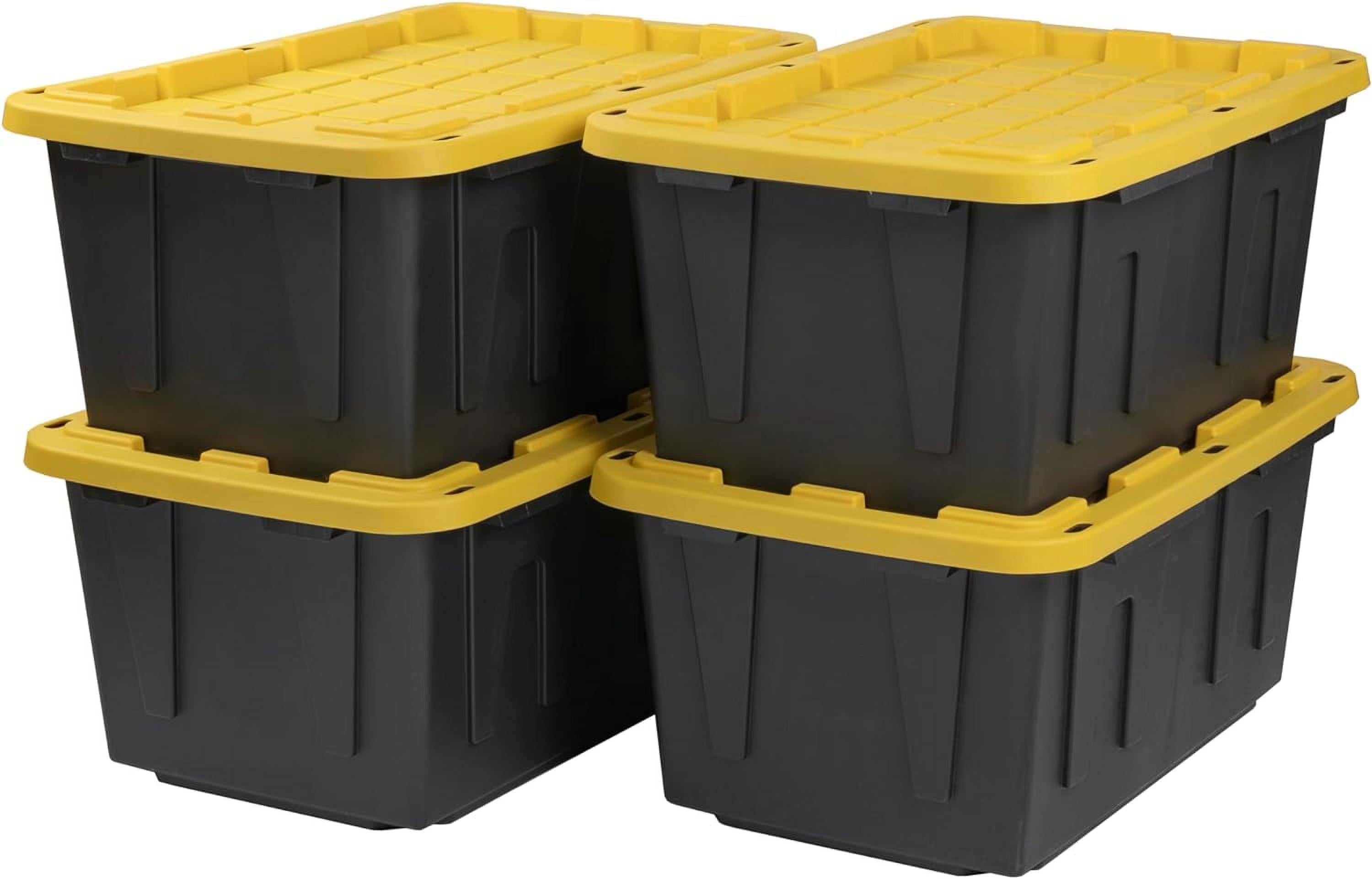 BLACK &amp; YELLOW 27-Gallon Heavy Duty Tough Storage Container &amp; Snap-Tight Lid (14.3"H x 20.6"W x 30.6"D) Weather-Resistant Design and Stackable Organization Tote [4 Pack]