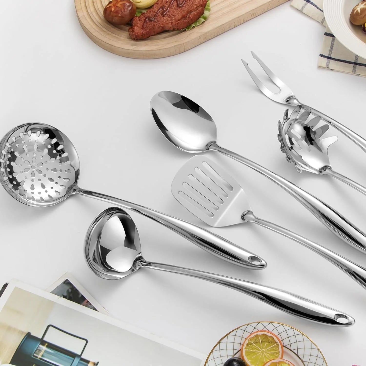 304 Stainless Steel Kitchen Utensils Set 6 Pcs Long Metal Cooking Utensil with Spatula Solid Spoon Ladle Skimmer Spaghetti Spoon Meat Fork Dishwasher Safe