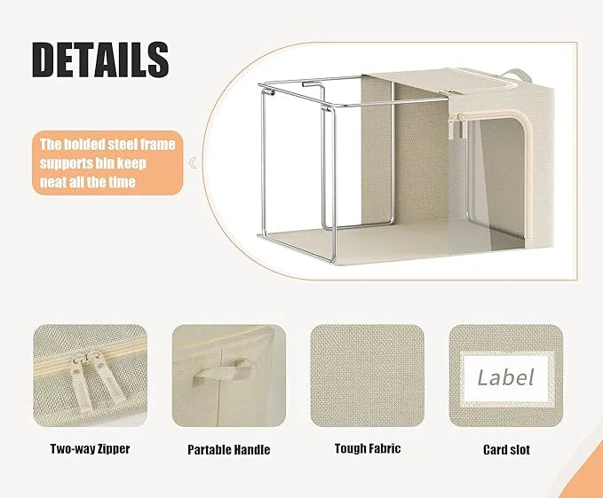 3 Openings Clothes Storage Bins with Metal Frame Foldable Storage Bin for Clothes Clothing Storage Bins with Lid Linen Storage Box With Clear Window＆ Zippers＆ Durable Handles.(3 Pcs,Beige,40L)