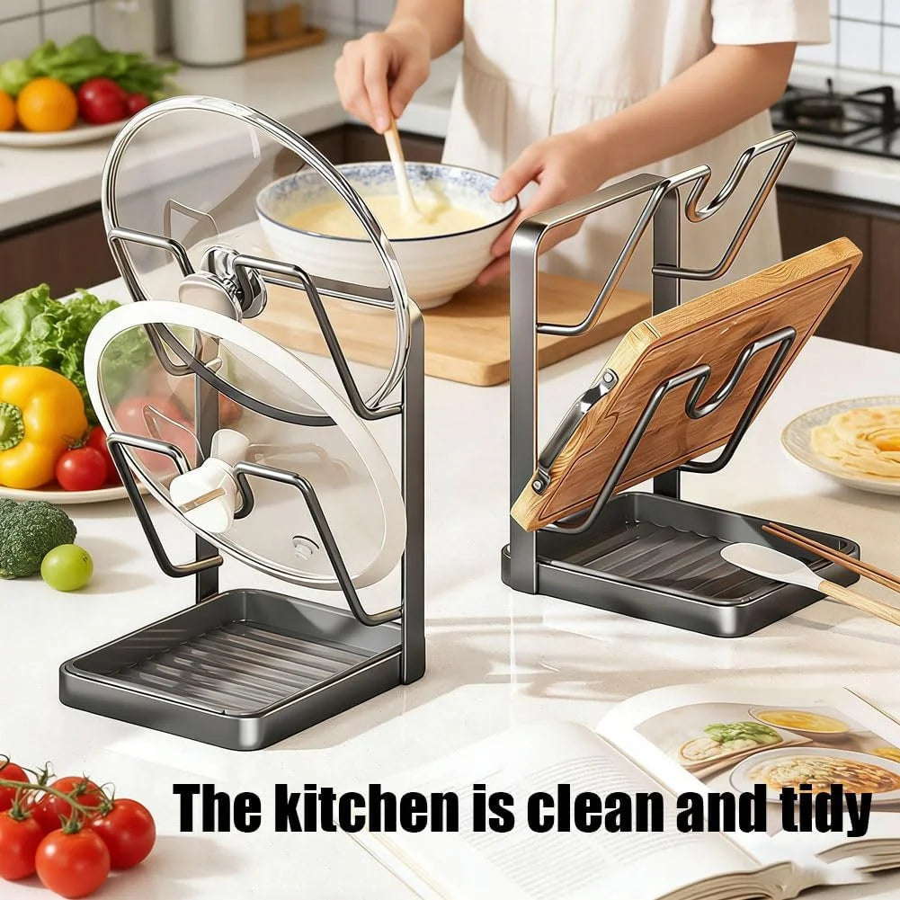 Kitchen Pot Lid Storage Rack Stainless Steel Pot Lid Holder While Cooking &amp; Spoon Rest Multifunctional Pot Lid Organizer with Removable Drip Tray for Countertop Space-Saving Lid Rack