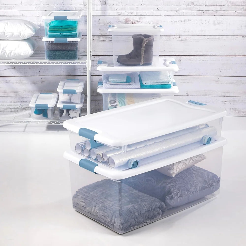 15 Qt Latching Storage Box Stackable Bin with Latch Lid Plastic Container to Organize Closet Shelf Clear with White Lid 12-Pack