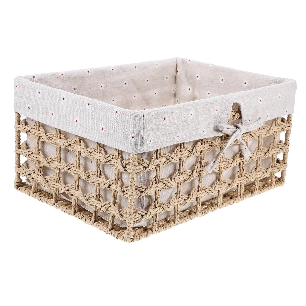 Rustic Storage Bins Grass Basket Cube Boxes with Lids Fabric Toy Sundries