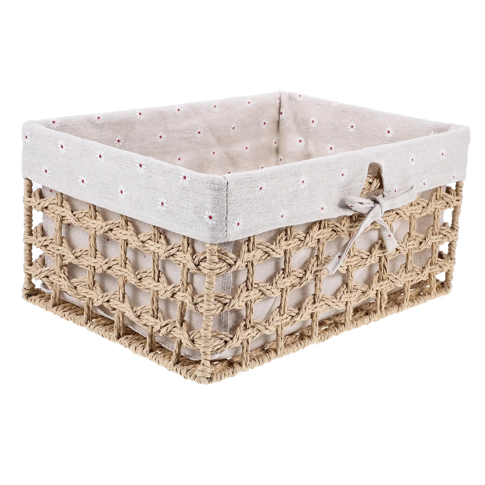 Rustic Storage Bins Grass Basket Cube Boxes with Lids Fabric Toy Sundries