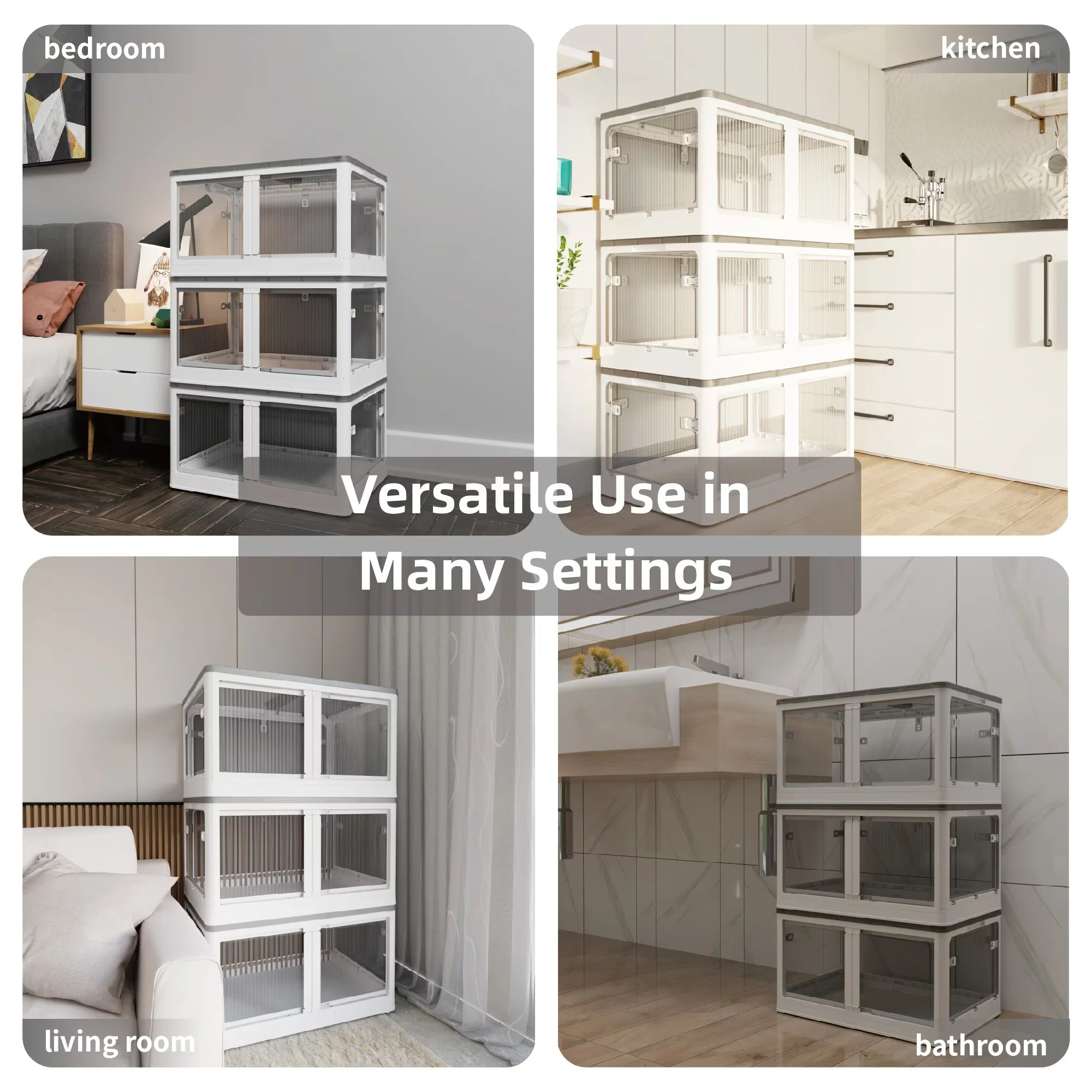 384QT 3-Pack Transparent Stackable Storage Bins with 5 Doors to Open with Wheels Folding Plastic Craft Containers Large Closet Organizers Box for Bedrooms Living Rooms Study Kids' Toys White