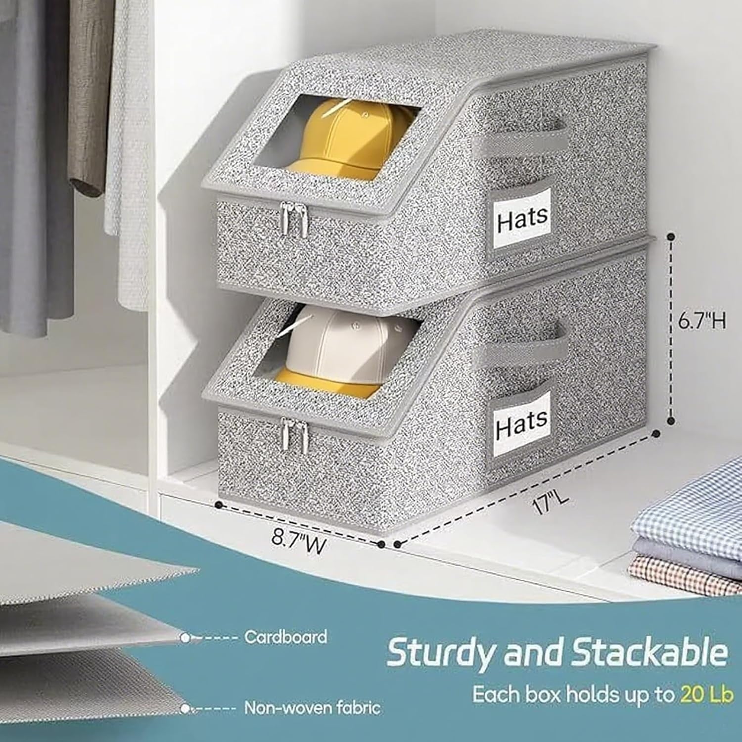 4 PCS Stackable Hat Storage for Baseball Caps Hat Storage Boxes for Closet Holds up to 12 Caps with Cardboard Hat Organizer for Women &amp; Men (Grey)