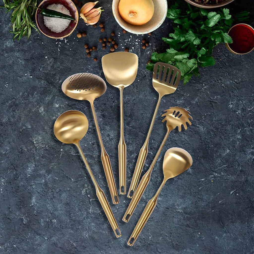 7pcs/ Set Gold Cooking Utensils Healthy Kitchen Tool with Holder Stainless Steel