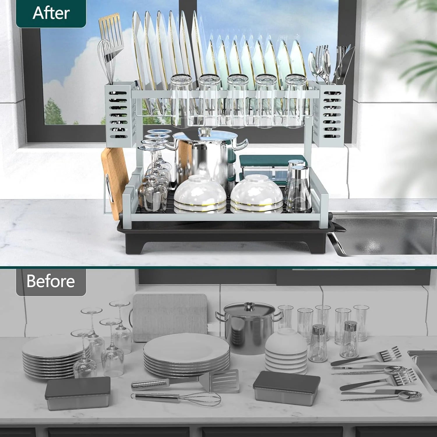 Dish Drying Rack: 2 Tier Dish Racks for Kitchen Counter and Sink - Large Dish Drying Rack with Drainboard &amp; Utensil Holders - Stainless Steel Dish Drainers Kitchen Organization and Storage