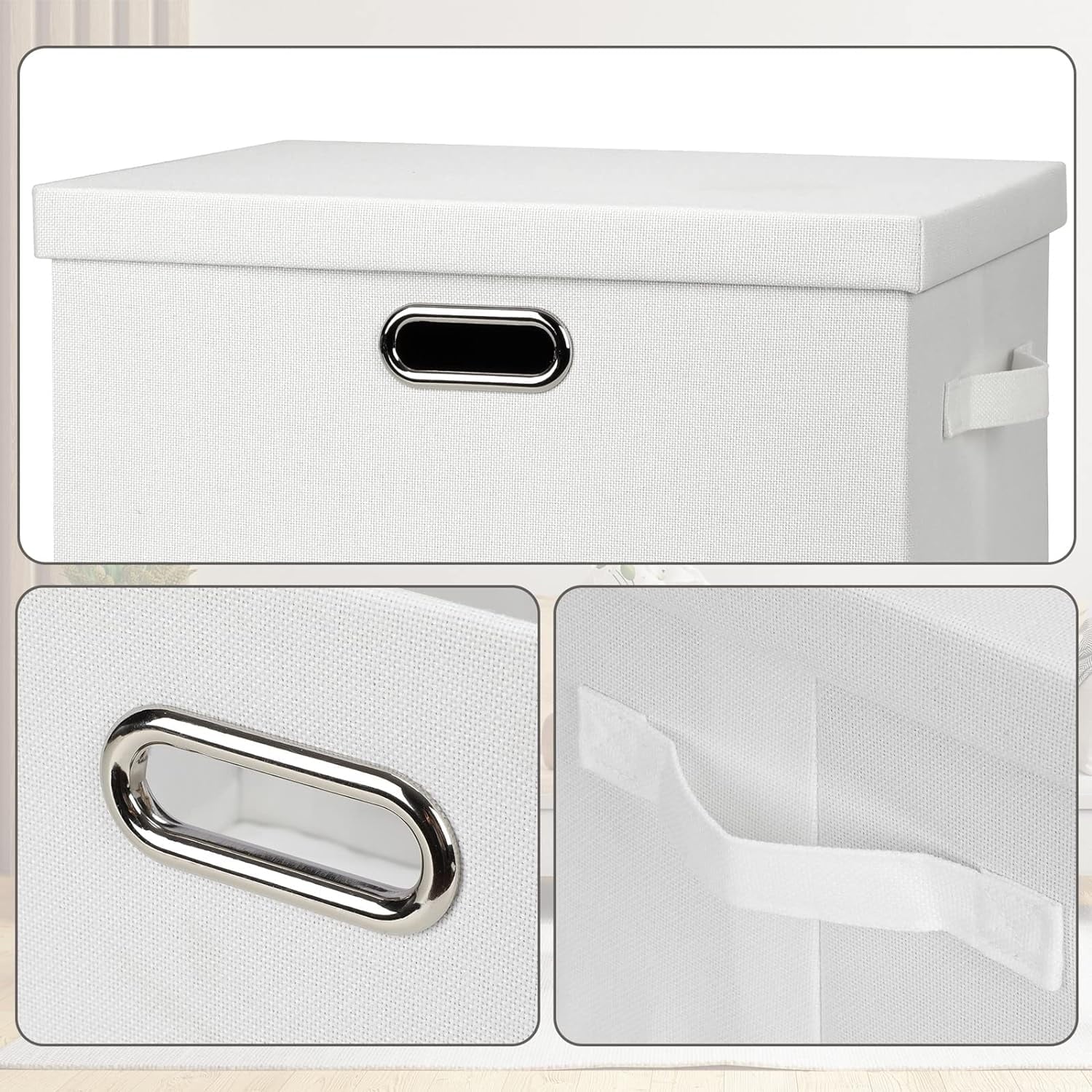 Large 17" 36 Quart Collapsible Stackable Storage Bins with Lids 3 Packs White Linen Fabric Closet Boxes with Lids Storage Cube Baskets Container Organizers for Bedroom Office(17 x12 x11)