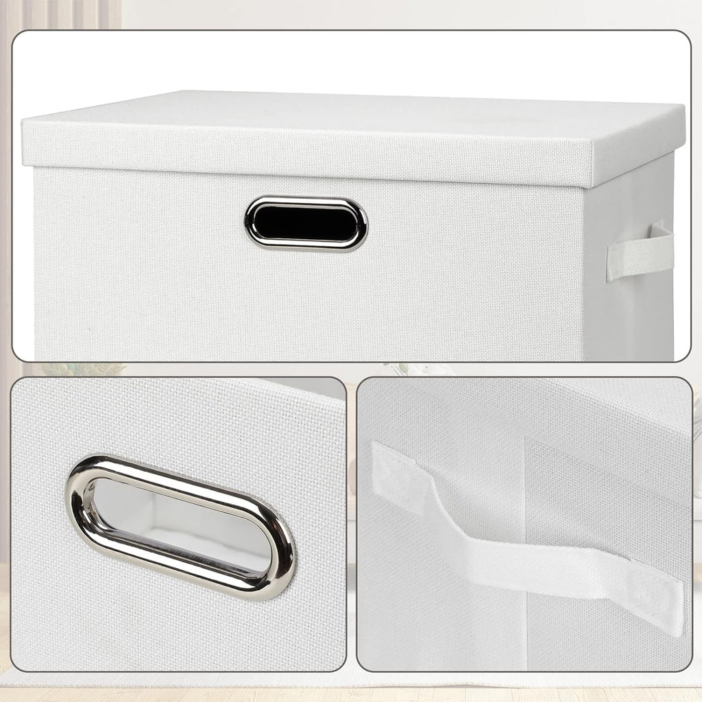 Large 17" 36 Quart Collapsible Stackable Storage Bins with Lids 3 Packs White Linen Fabric Closet Boxes with Lids Storage Cube Baskets Container Organizers for Bedroom Office(17 x12 x11)