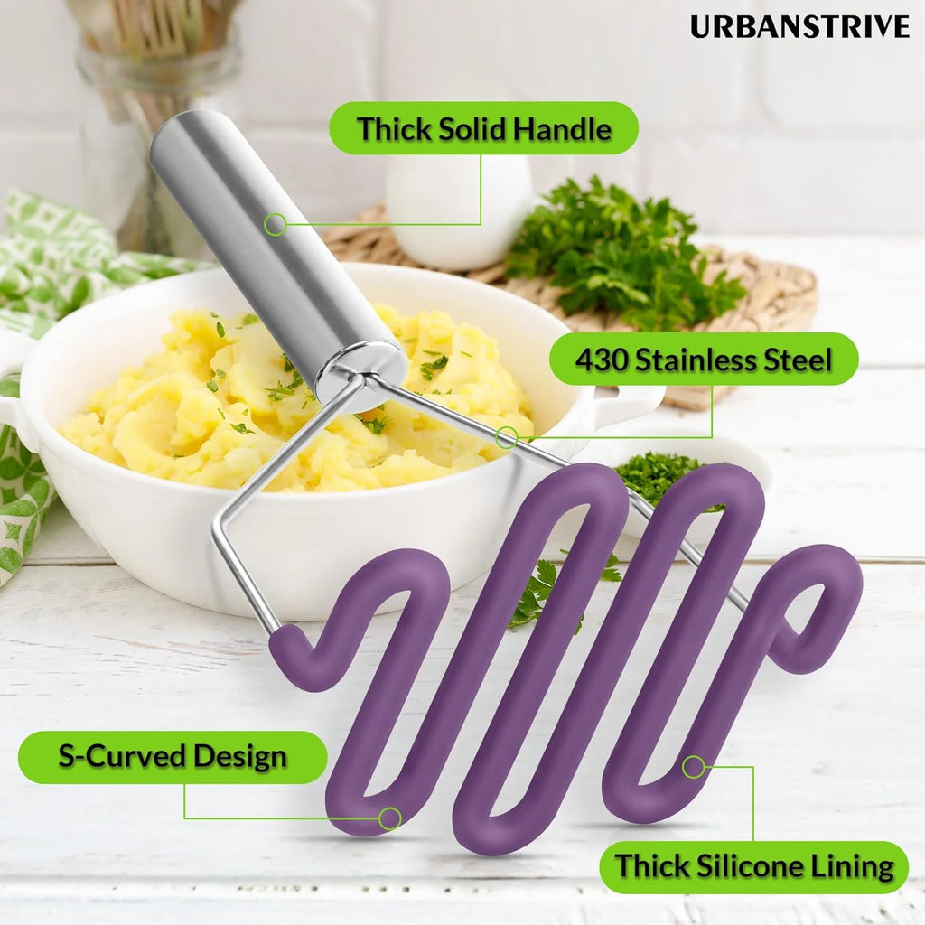 Scratch-resistant silicone potato mash maker kitchen tool stainless steel outer layer wrapped with high-quality silicone.