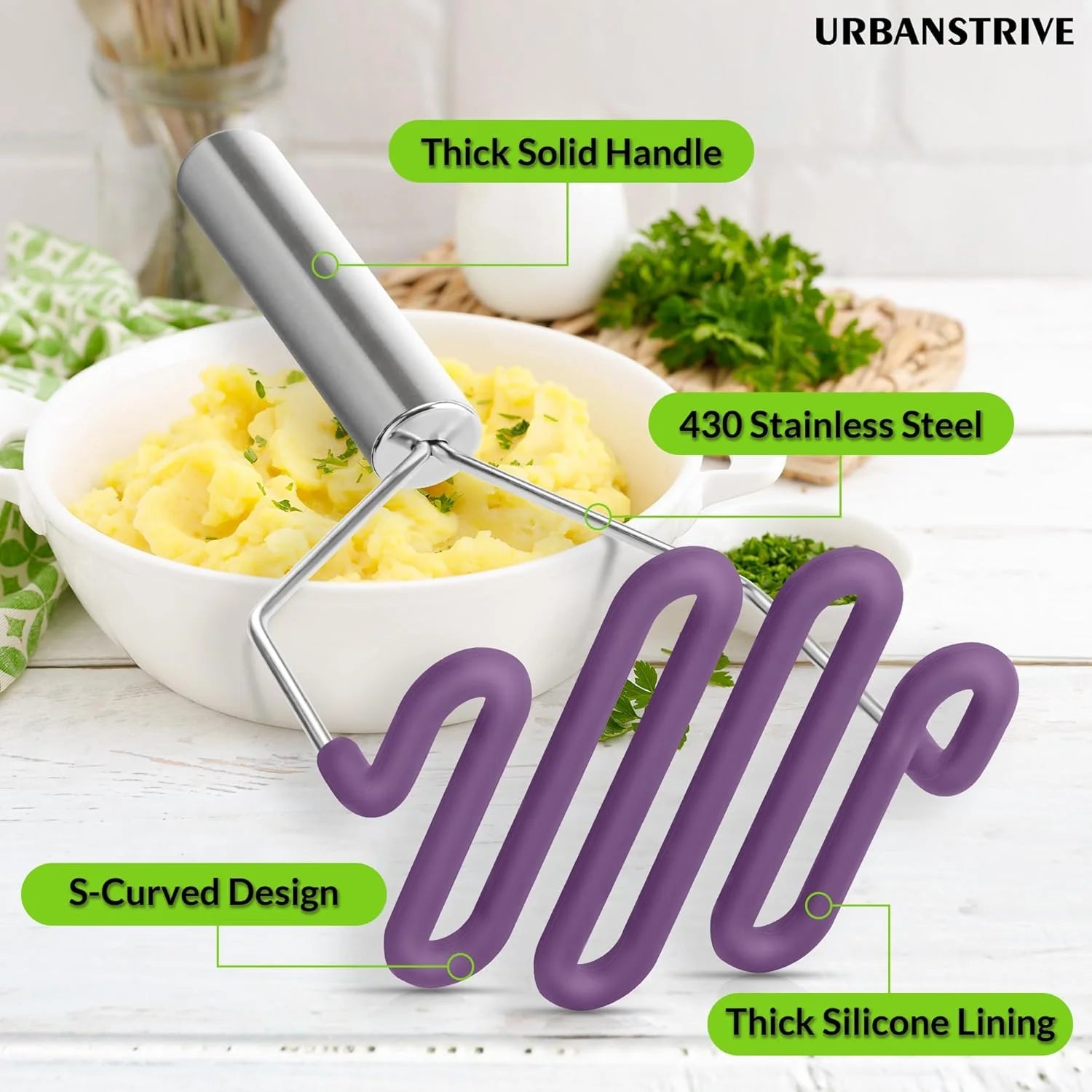 Scratch-resistant silicone potato mash maker kitchen tool stainless steel outer layer wrapped with high-quality silicone.