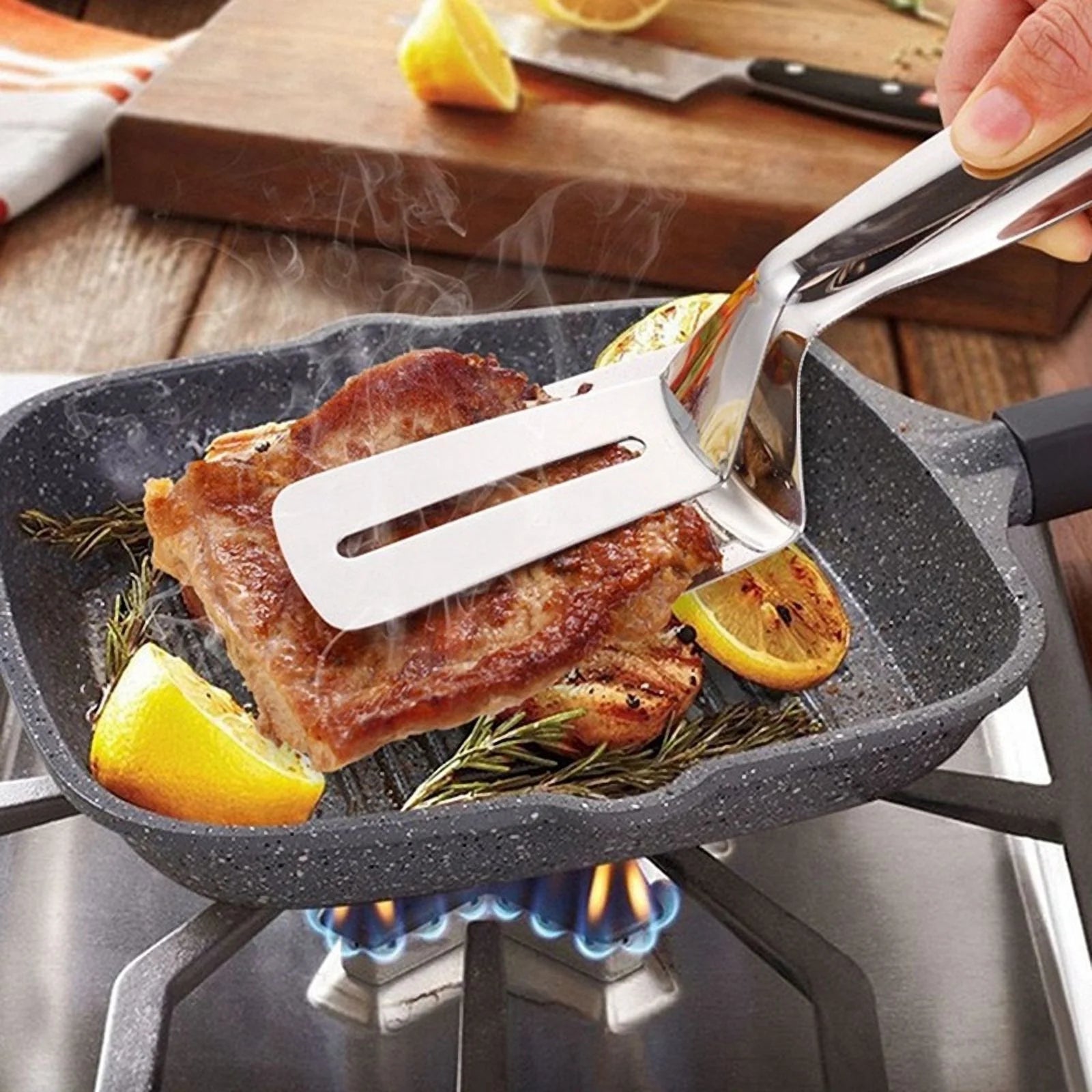 Stainless Steel Double-Sided Shovel Clip Stainless Steel Spatula Kitchen Tongs,Grill Clamp Flipping Spat