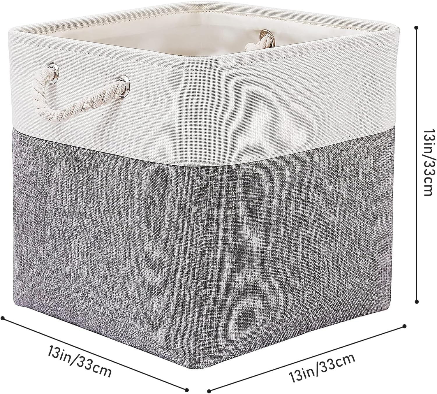 13 x 13 Inch Cube Storage Bins 6 Pack Extra Large Collapsible Fabric Storage Bin with Ropes Foldable Storage Cubes for Home (White &amp; Beige-13"x13"x13")