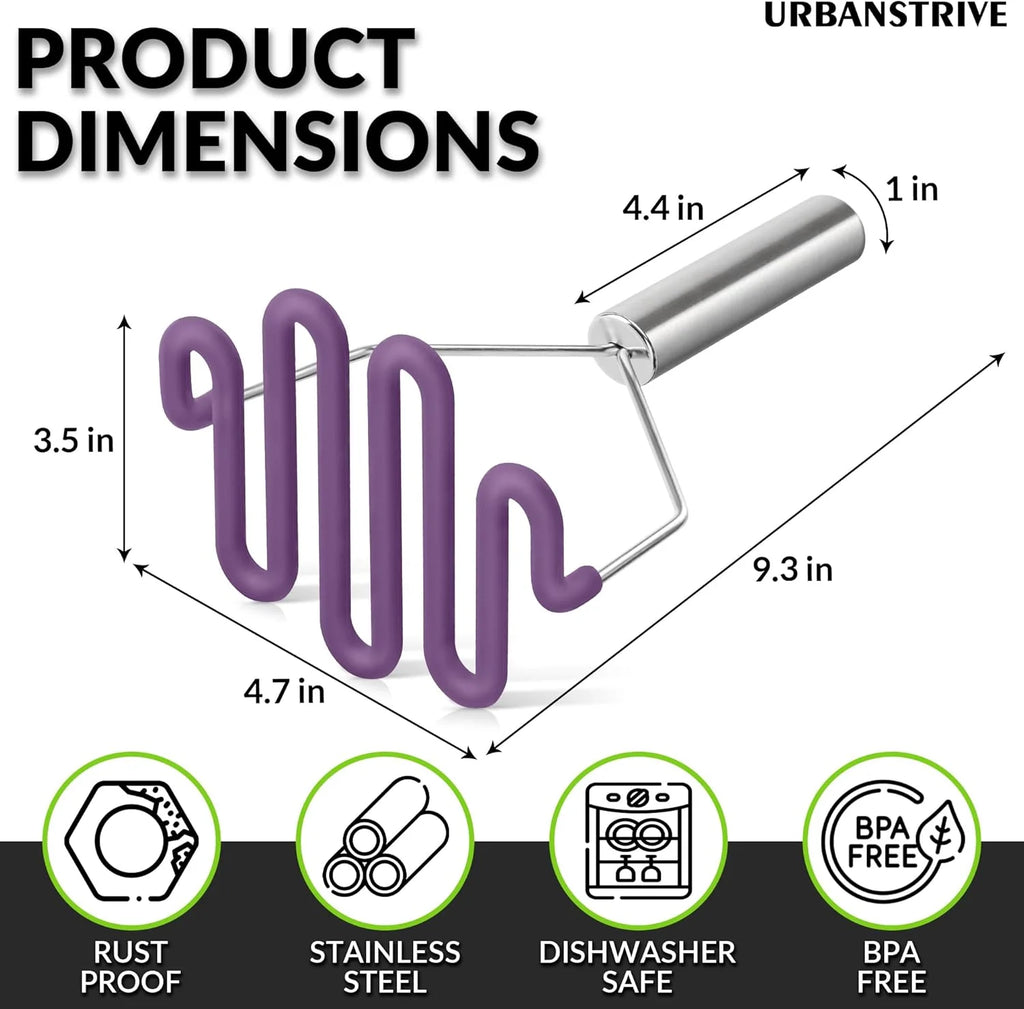 Scratch-resistant silicone potato mash maker kitchen tool stainless steel outer layer wrapped with high-quality silicone.