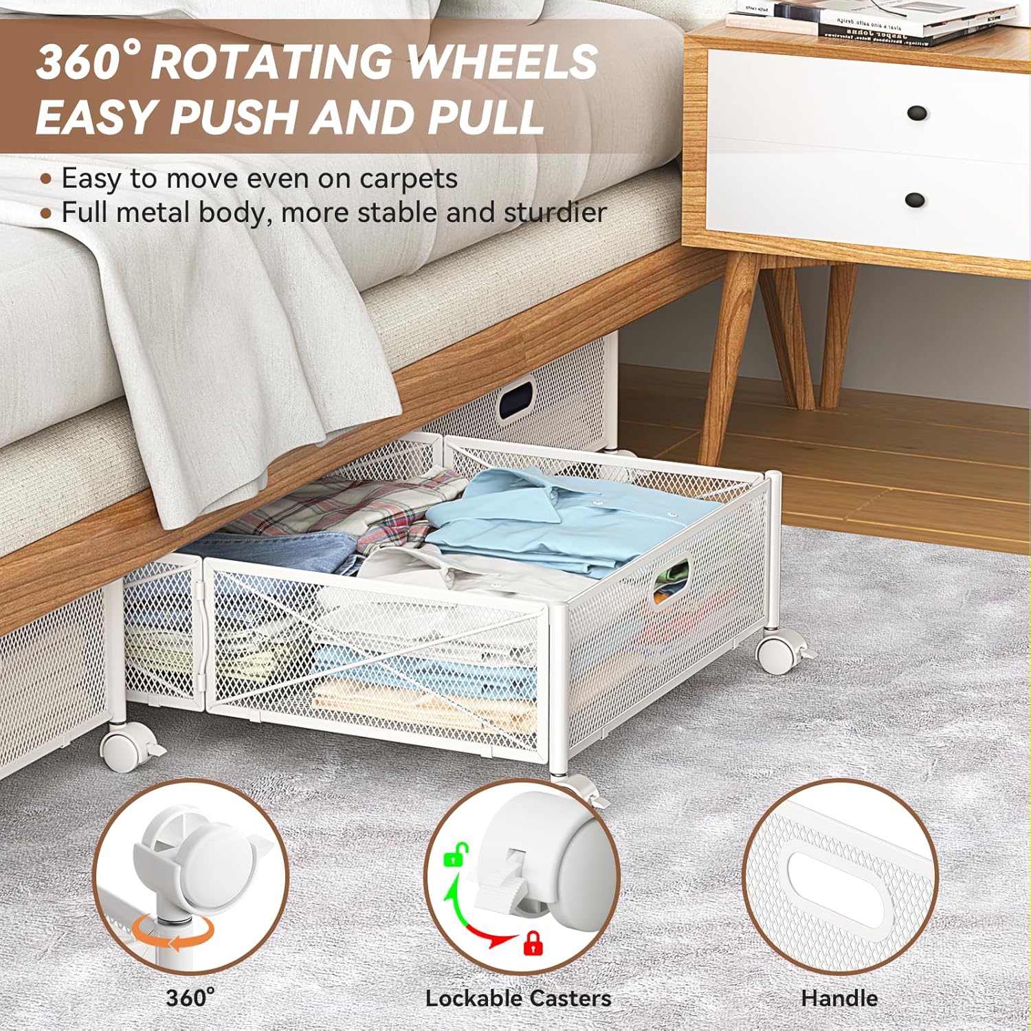 Under Bed Storage Containers with Wheels Under Bed Shoe Storage Organizer Drawer Tool-free Assembly Metal Storage Containers for Bedroom Clothes Shoes Blankets -2PCK
