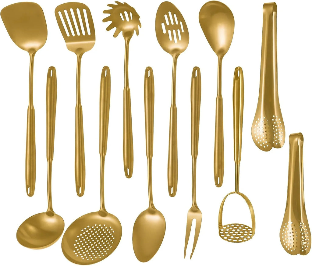 304 Stainless Steel Cooking Utensils,6 Pcs Kitchen Cooking Utensils Set with Spatula Solid Spoon Ladle Skimmer Spaghetti Spoon,Dishwasher Safe(Gold)