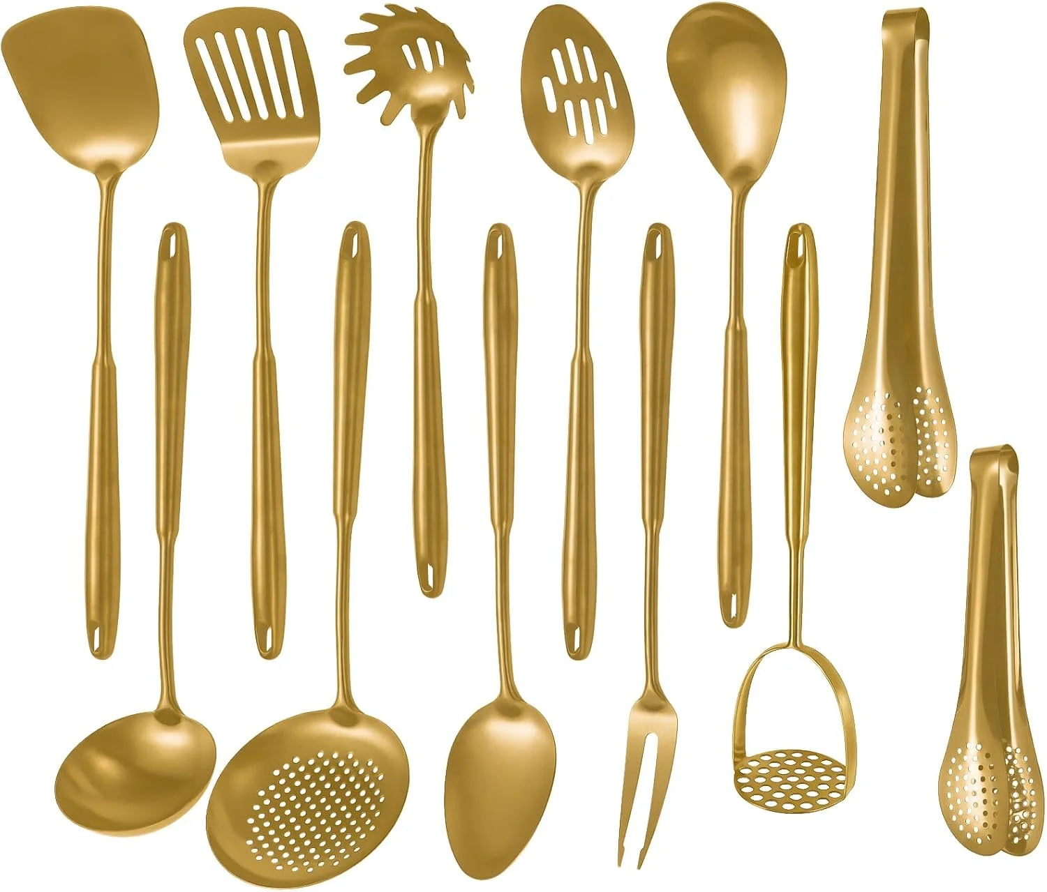 304 Stainless Steel Cooking Utensils,6 Pcs Kitchen Cooking Utensils Set with Spatula Solid Spoon Ladle Skimmer Spaghetti Spoon,Dishwasher Safe(Gold)