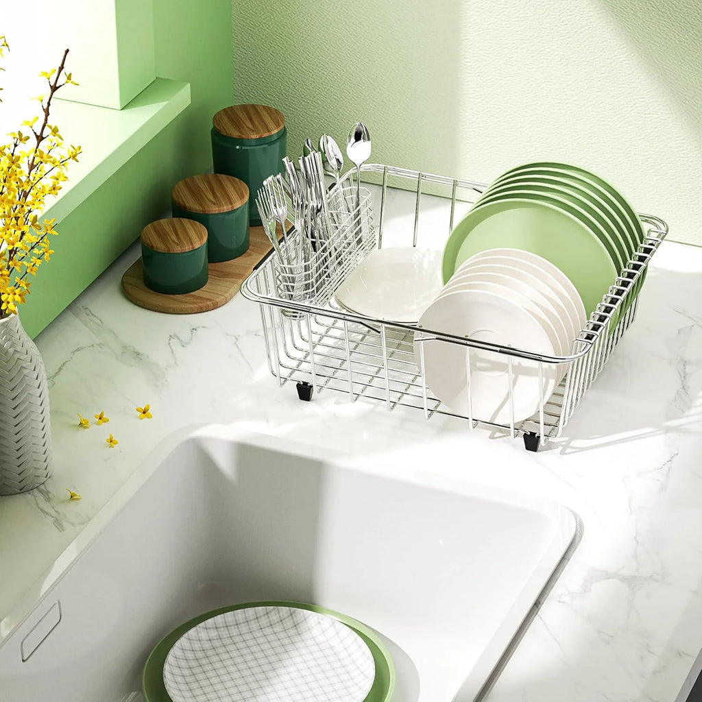 Dish Drying Rack in-Sink 304 Stainless Steel Dish Drainer with Stainless Steel Silverware Holder Over Inside Sink-Adjustable