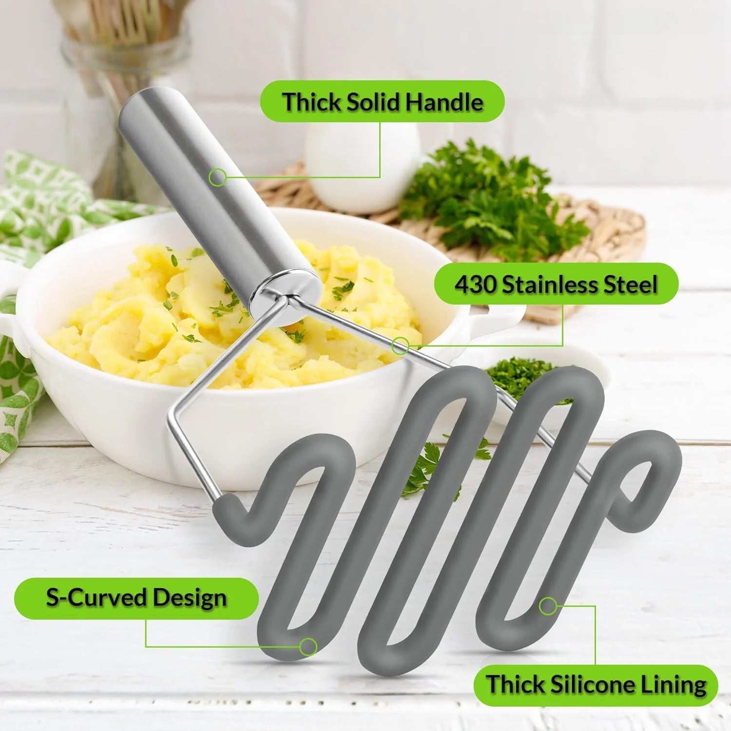 Scratch-resistant silicone potato masher kitchen tool potato masher stainless steel wrapped high quality silicone potato smasher gray