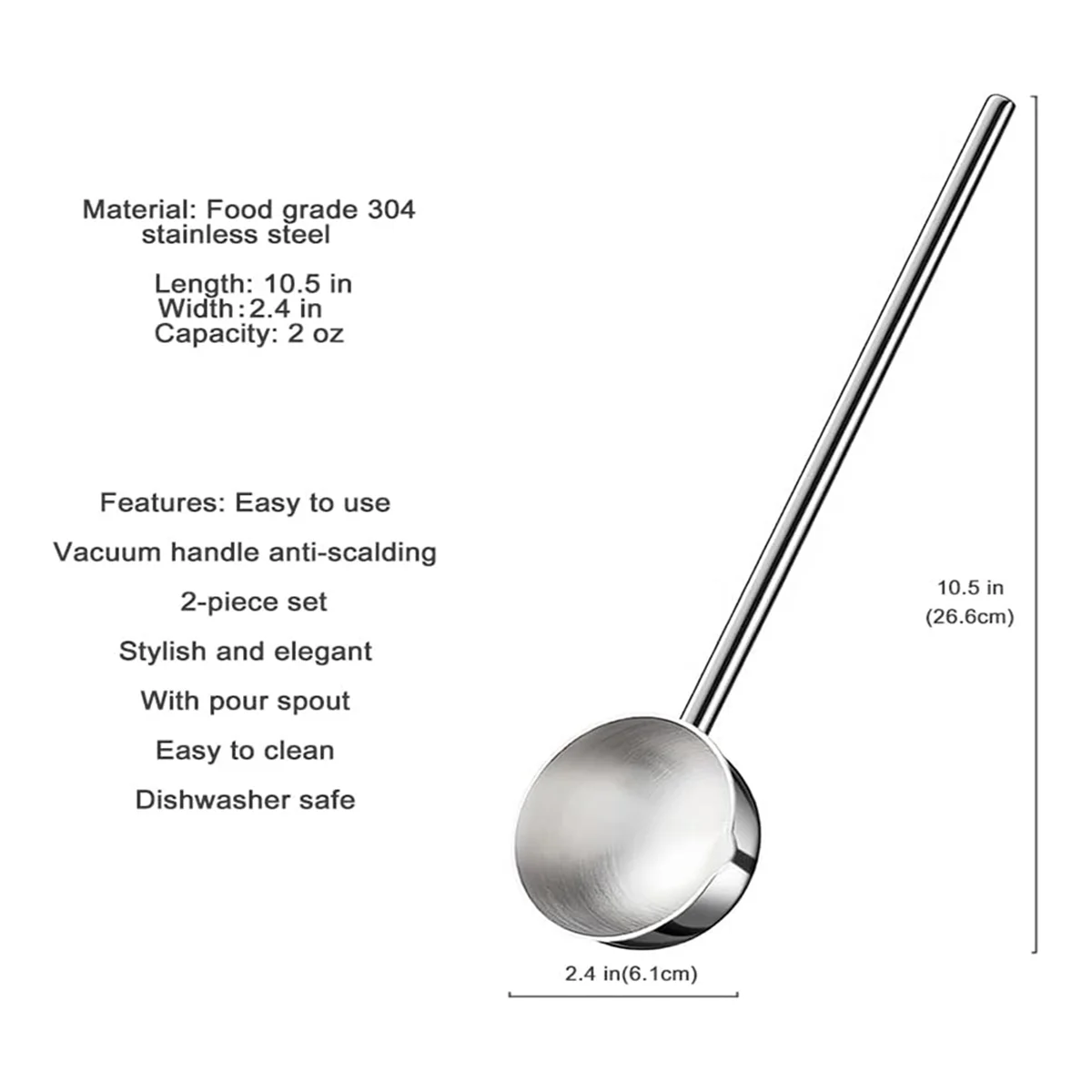 Small Soup Ladle Stainless Steel Metal Deep Spoon with Pour Spout 2 Oz Long Handle Gravy Ladles Heat- 10.5 Inch