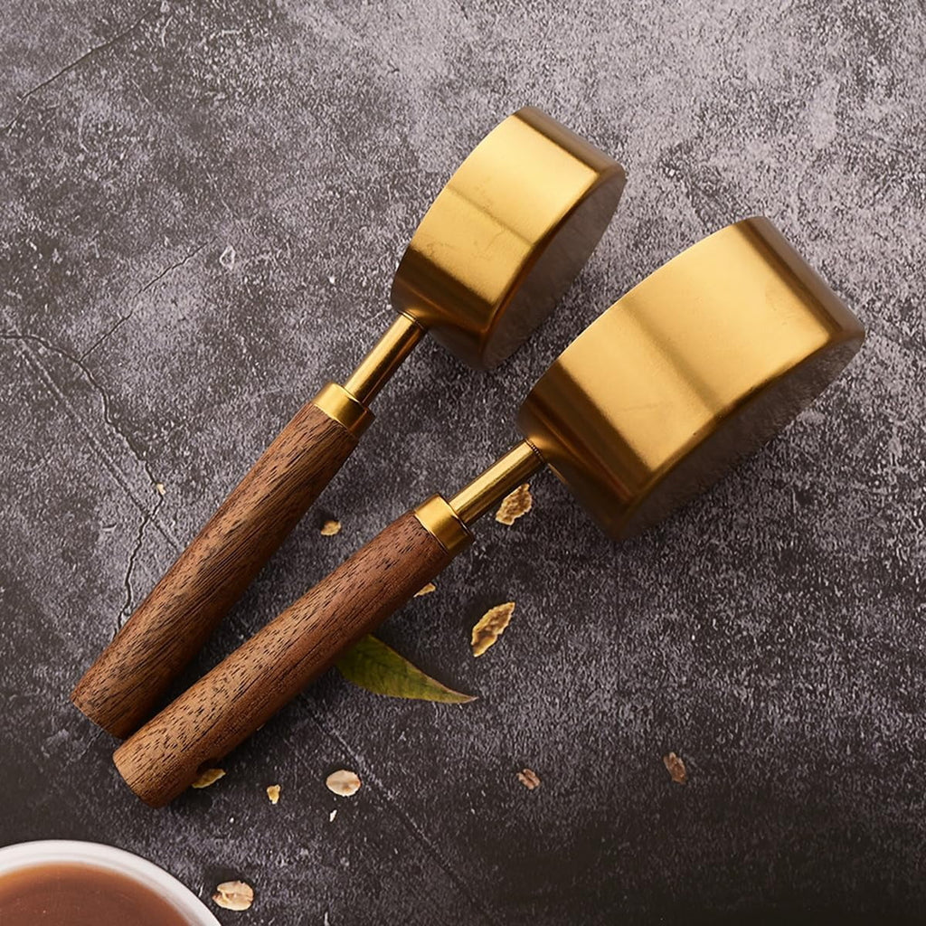 8 pieces Golden Measuring Cups Set and Measuring Spoons Set with Scale Wooden Handle Stainless Steel Dry &amp; Liquid Measuring Cup for Cooking Baking