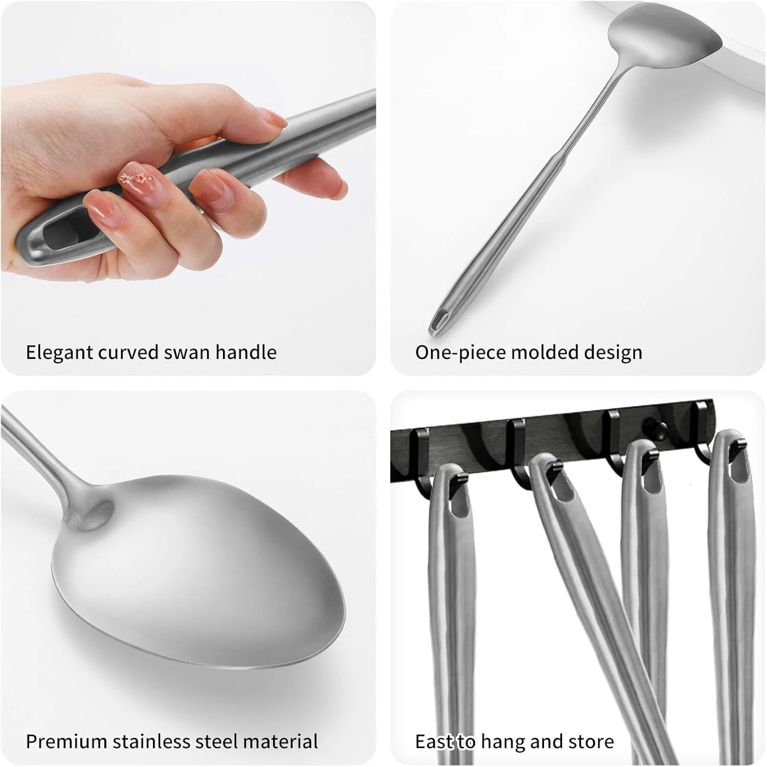 304 Stainlss Steel Kitchen Utensils Set 12 Pcs Long Metal Cooking Utensil Gadgets Tools Set with Spatula Ladle Spoon Ladle Skimmer Tunner Pasta Server Tongs(Silver Dishwasher Safe)