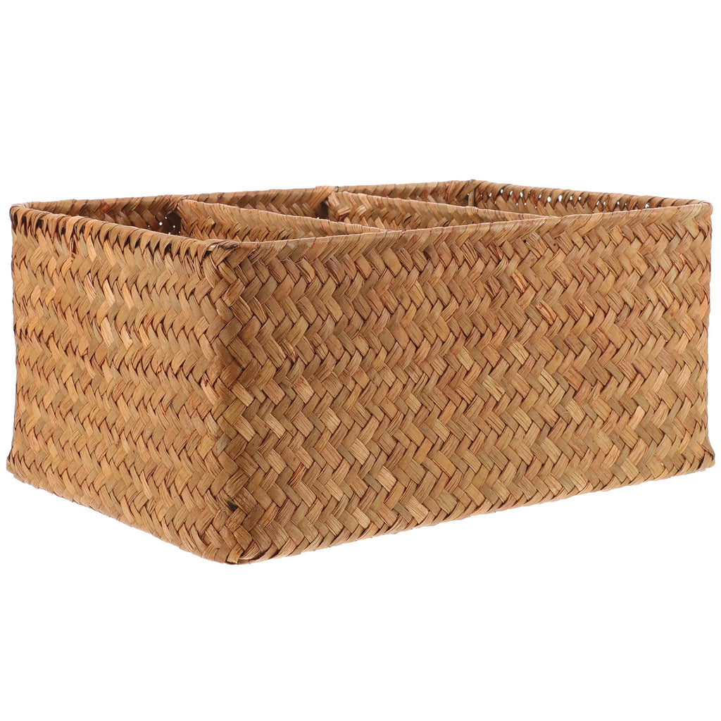 Straw Desktop Storage Box Pantry Basket Bins Hamper for Shelves with Lid Chocolate