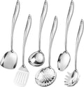 304 Stainless Steel Cooking Utensils Set,6 Pcs Long Metal Kitchen Utensils Set with Spatula Solid Spoon Ladle Skimmer Spaghetti Spoon,Dishwasher Safe