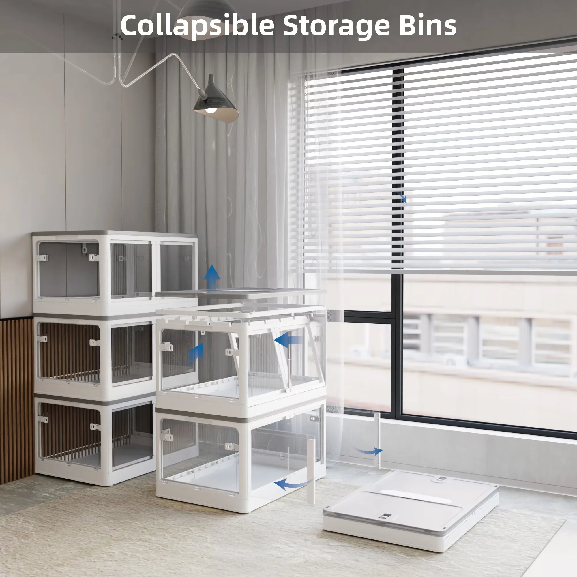 384QT 3-Pack Transparent Stackable Storage Bins with 5 Doors to Open with Wheels Folding Plastic Craft Containers Large Closet Organizers Box for Bedrooms Living Rooms Study Kids' Toys White