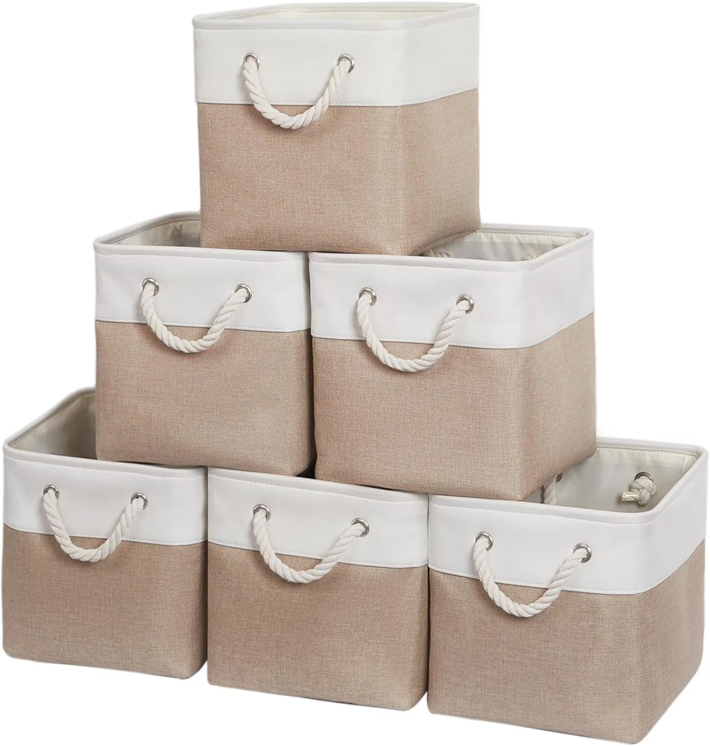 11 x 11 Inch Storage Cubes 6 Pack Large Collapsible Fabric Storage Bin White&amp;Beige