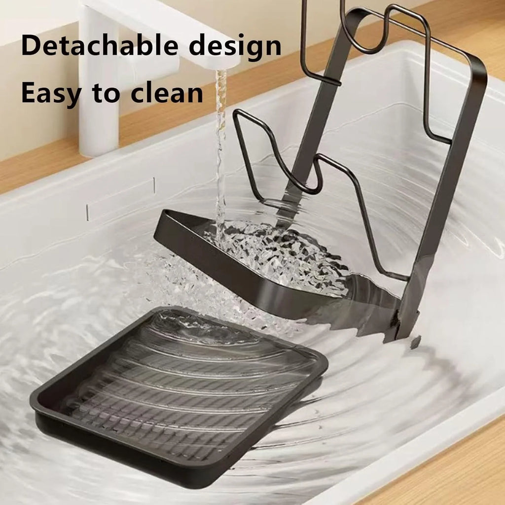 Kitchen Pot Lid Storage Rack 304 Stainless Steel Pot Lid Holder While Cooking Multifunctional Kitchen Pot Cover Organizer for Countertop With Removable Drip Tray