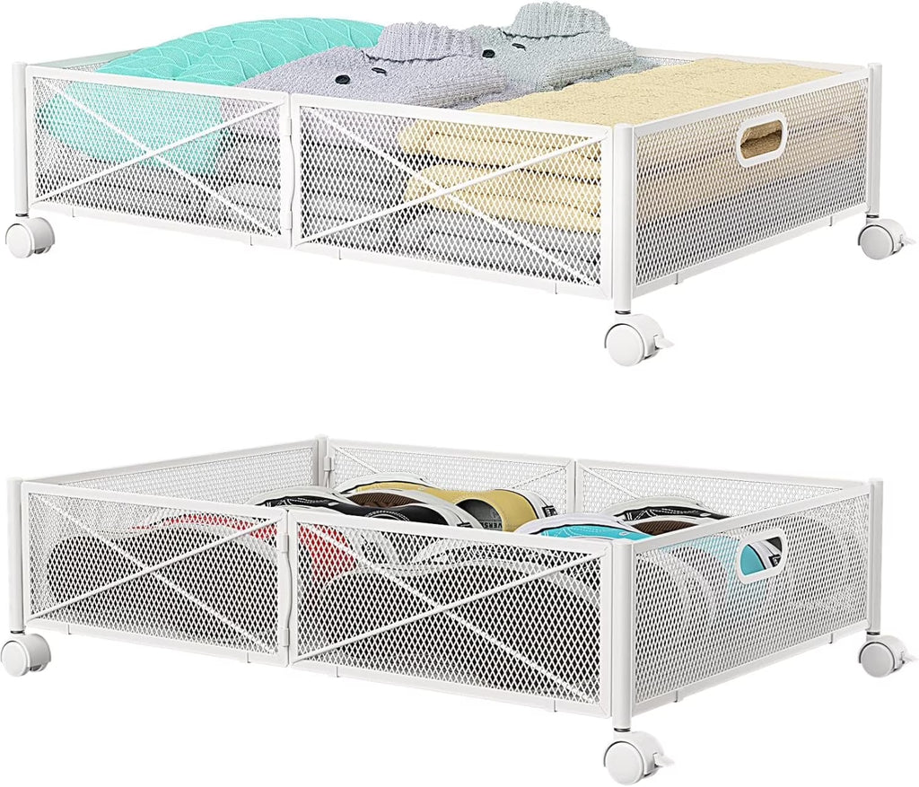 Under Bed Storage Containers with Wheels Under Bed Shoe Storage Organizer Drawer Tool-free Assembly Metal Storage Containers for Bedroom Clothes Shoes Blankets -2PCK