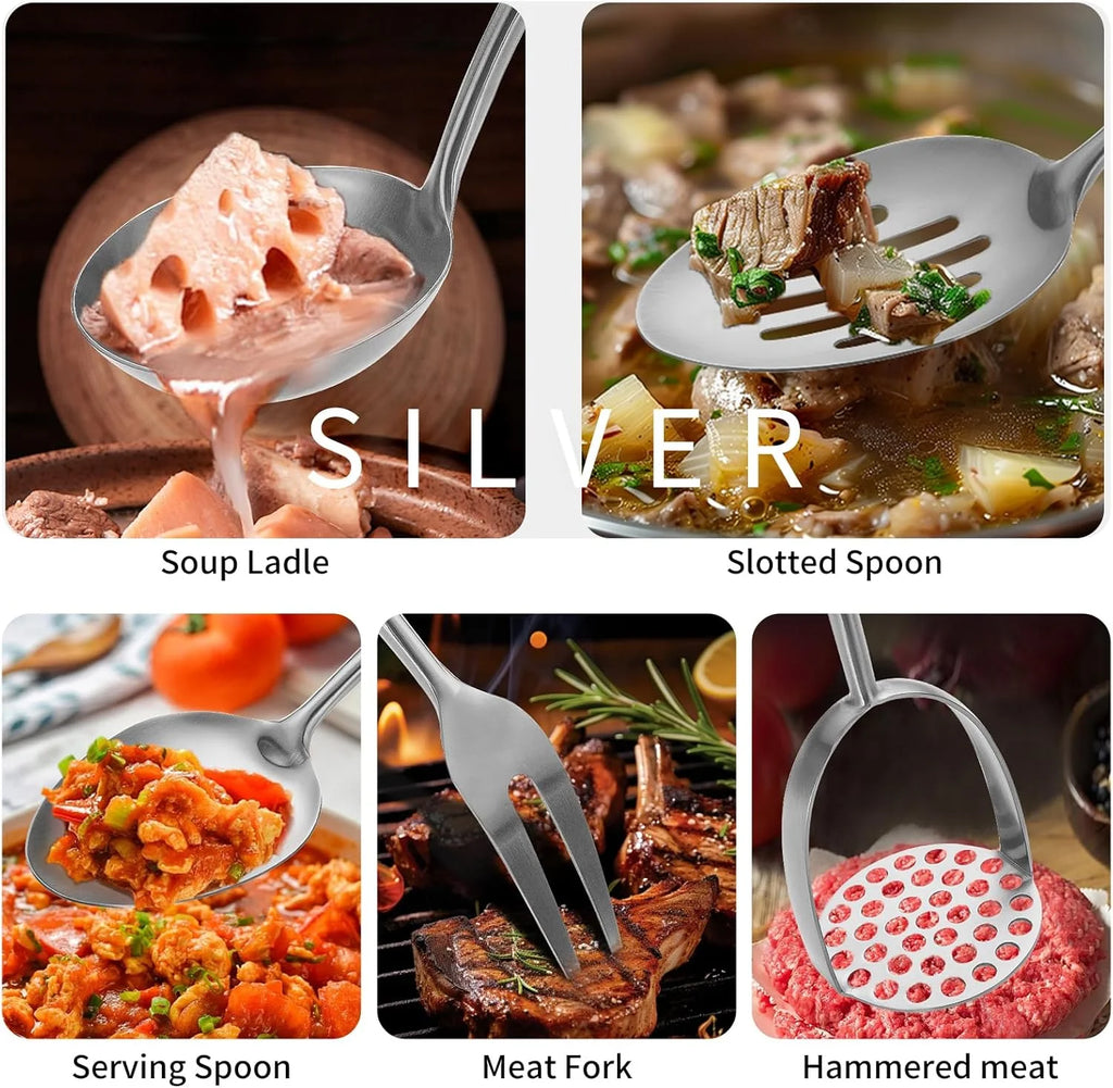 304 Stainlss Steel Kitchen Utensils Set 12 Pcs Long Metal Cooking Utensil Gadgets Tools Set with Spatula Ladle Spoon Ladle Skimmer Tunner Pasta Server Tongs(Silver Dishwasher Safe)