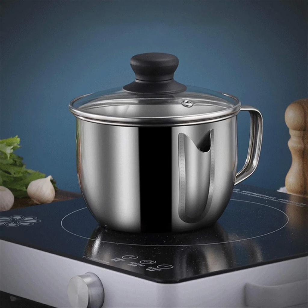Stainless Steel Fat Separator 1L/4 Cup Gravy Grease with Strainer and Glass Lid Soup Oil Cup