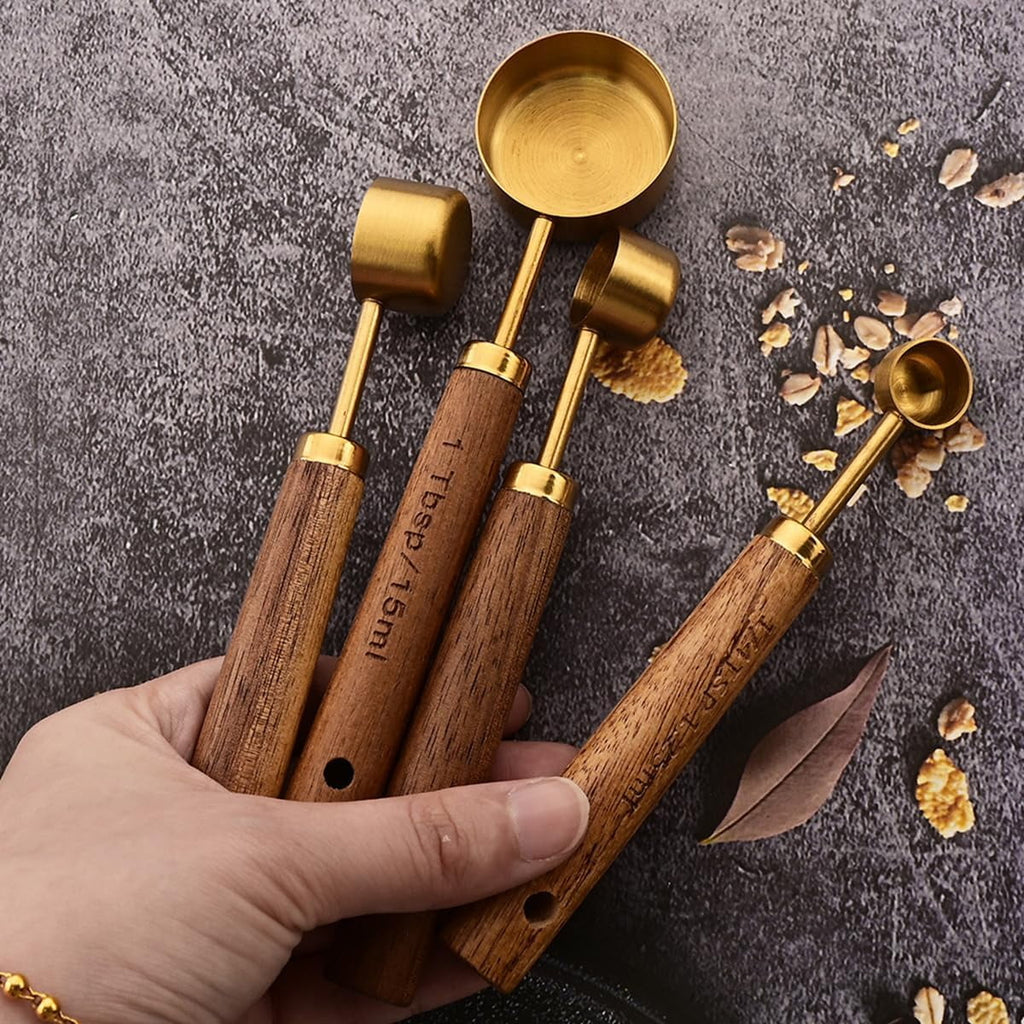 8 pieces Golden Measuring Cups Set and Measuring Spoons Set with Scale Wooden Handle Stainless Steel Dry &amp; Liquid Measuring Cup for Cooking Baking