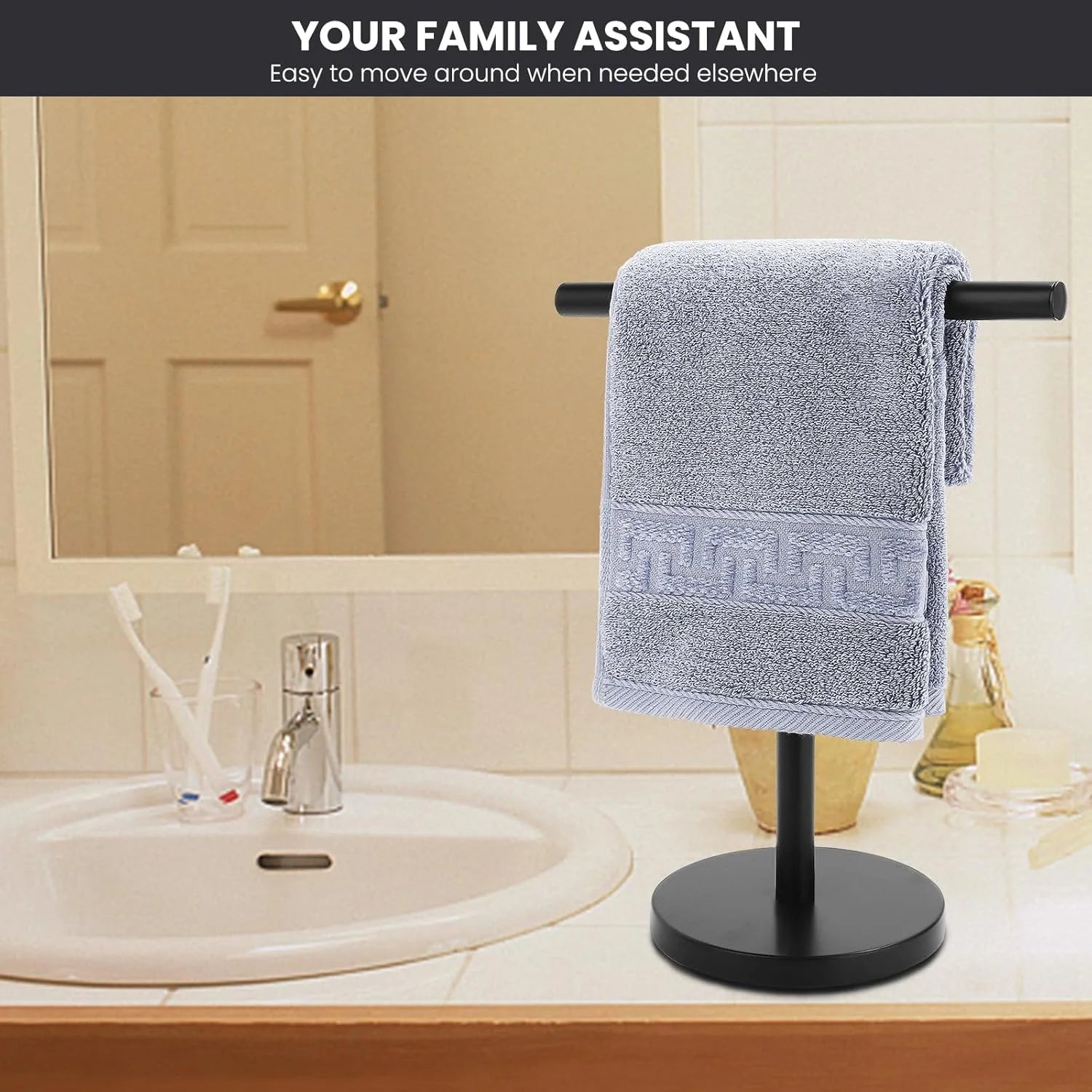T-Shape Bath Hand Towel Holder Stand Stainless Steel Free Standing Hand Towel Rack with Heavy Base for Bathroom Kitchen &amp; Countertop Matte Black