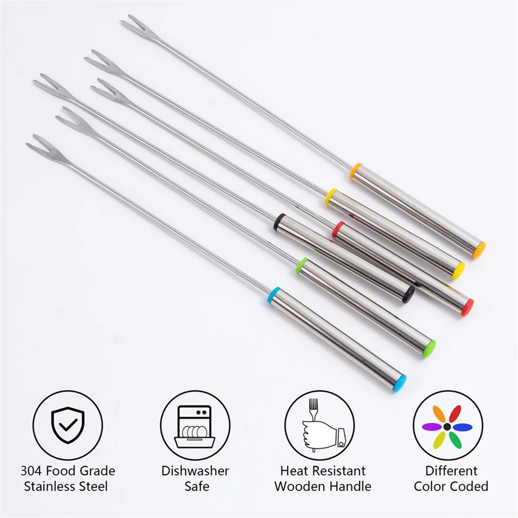 12PCS 9.5 Inch Color-Coded Stainless Steel Fondue Forks Cheese Fork Fruit with Heat-Blocking