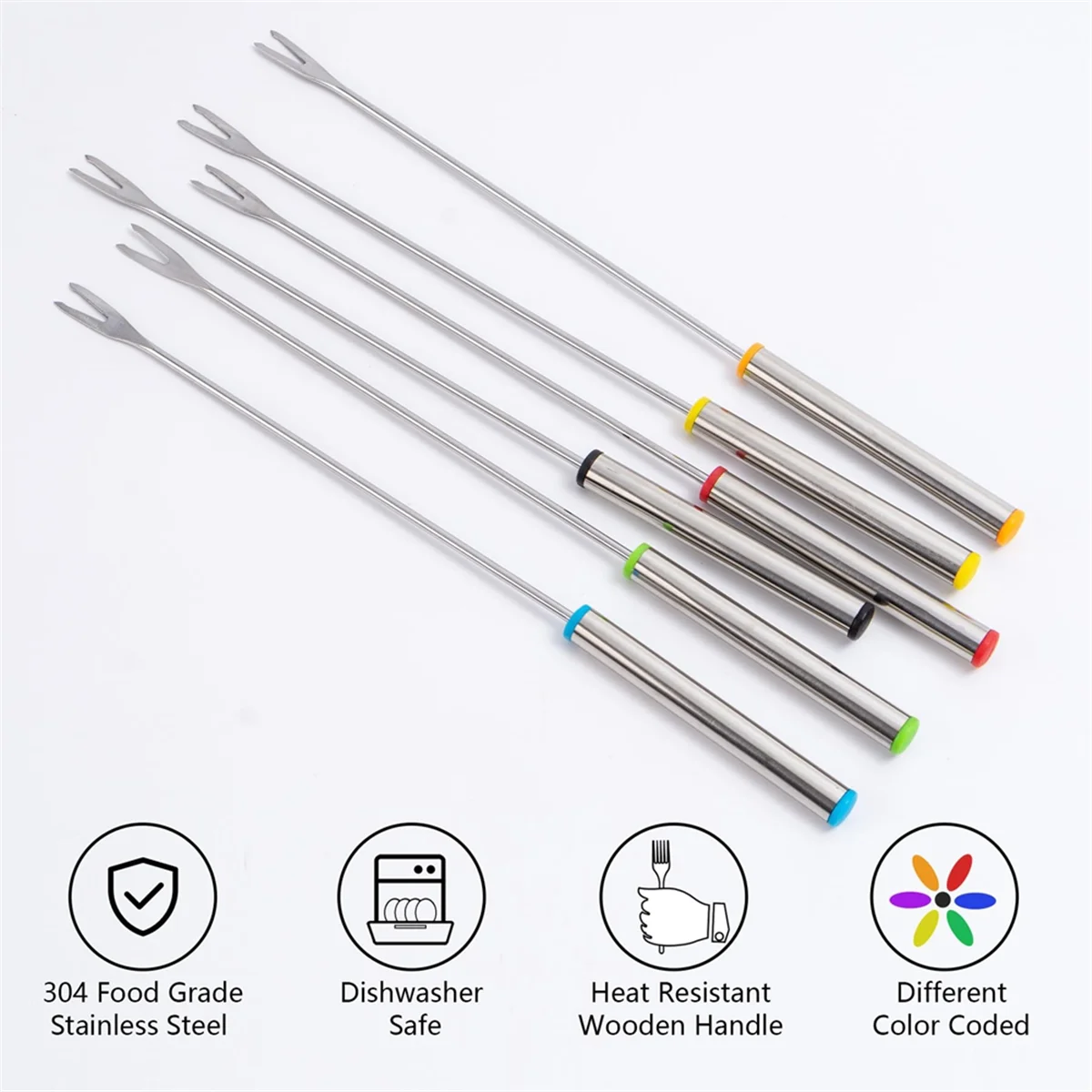 12PCS 9.5 Inch Color-Coded Stainless Steel Fondue Forks Cheese Fork Fruit with Heat-Blocking