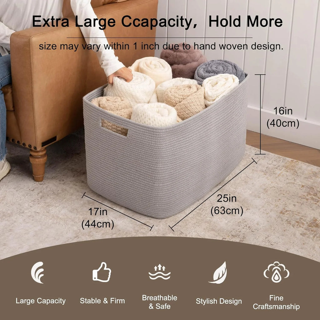 118L XXXLarge Cotton Rope Storage Basket Oversized Blanket Basket Used for Organizing Dirty Clothes in Living Room Bedroom Nursery Dog Toy Storage Bins 25" x 17" x 16",Grey