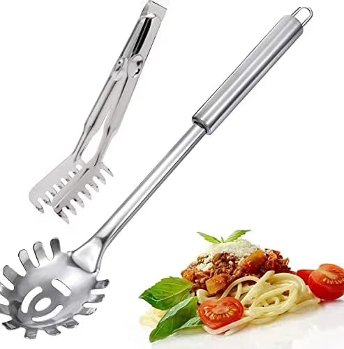 2-Piece Spaghetti Set Stainless Steel Pasta&amp; Tongs Heat Resistant 12 Inch