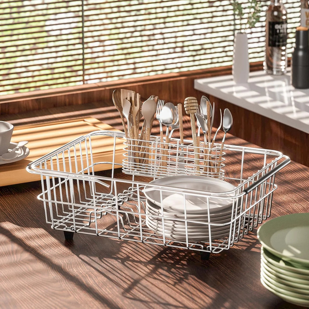 304 Stainless Steel Utensil Holder Dish Drying Rack kitchen Utensil Organizer Knife and Fork Drainage Rack Kitchen Drainage Basket Accessories With Hooks Rust Proof Color-Silver