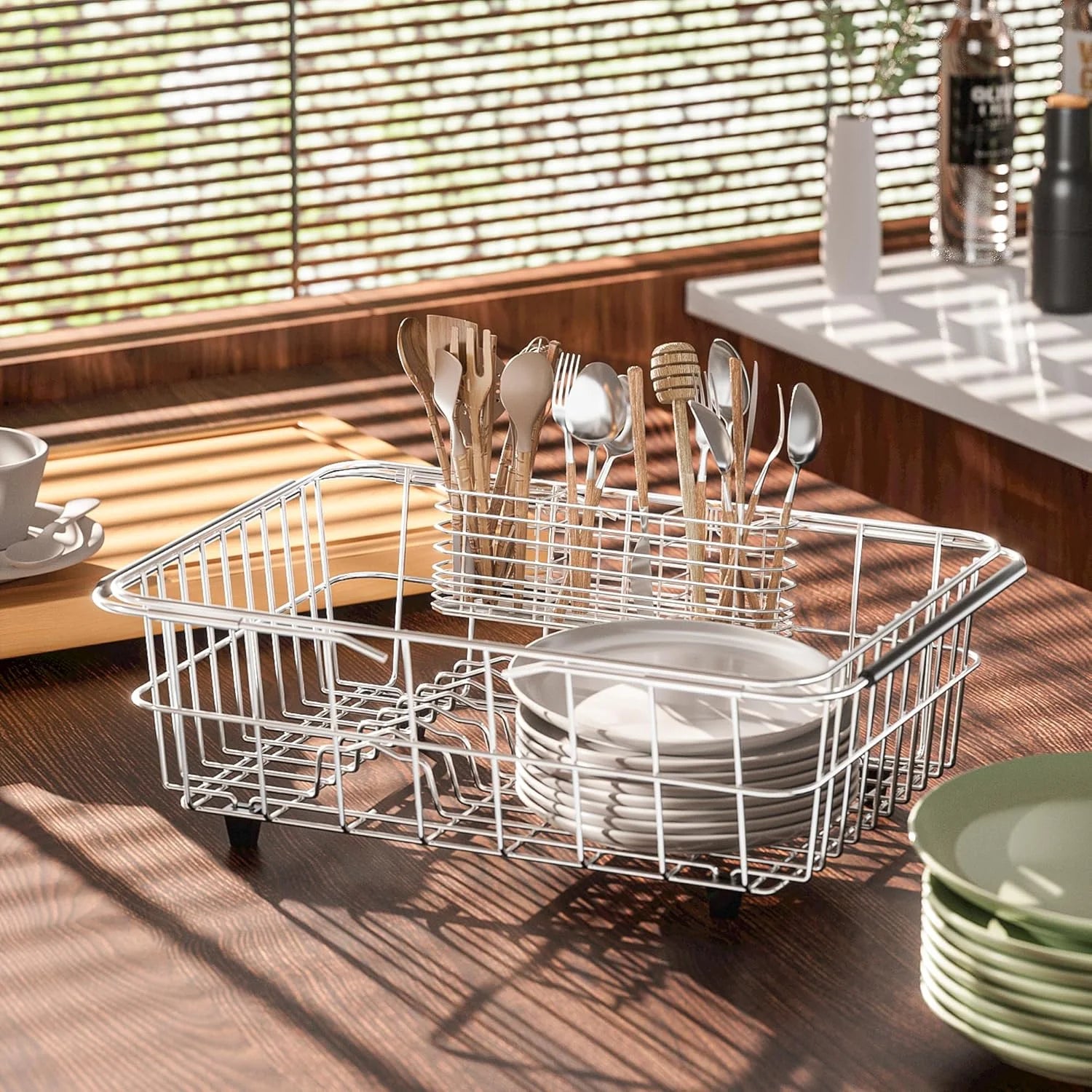 304 Stainless Steel Utensil Holder Dish Drying Rack kitchen Utensil Organizer Knife and Fork Drainage Rack Kitchen Drainage Basket Accessories With Hooks Rust Proof Color-Silver