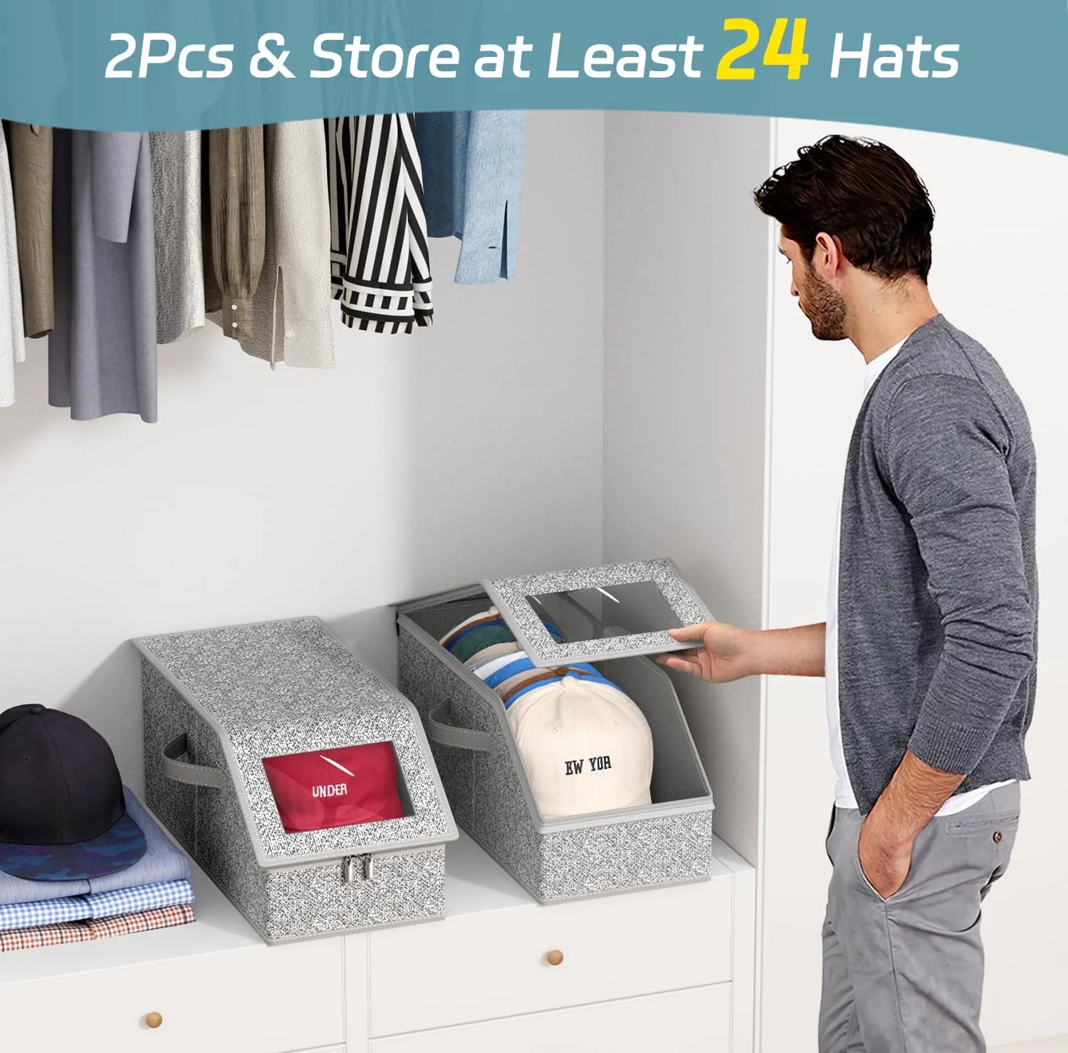 2 Pcs Stackable Hat Storage for Baseball Caps Holds up to 24 Caps Hat Organizer for Closet Sturdy Snapback Boxes for Men with Cardboard Grey