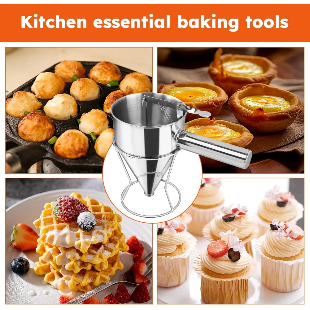 Stainless Steel Pancake Batter Dispenser with Squeeze Handle Kitchen Funnel Tools Pancake Dispenser for Pancakes Cupcakes Takoyaki and Baked Goods